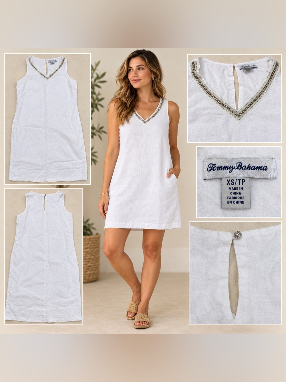 Tommy Bahama White 100% Linen Beaded Shift Dress XS Resort